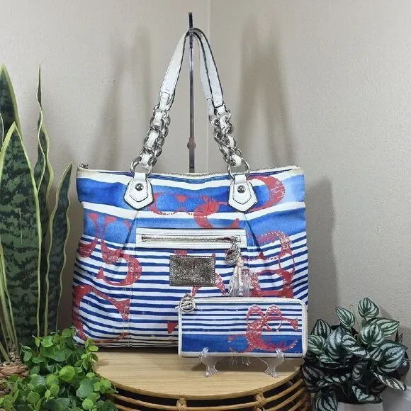 Coach Poppy Nautical Stripe Tote and Matching Wallet - Picture 1 of 16